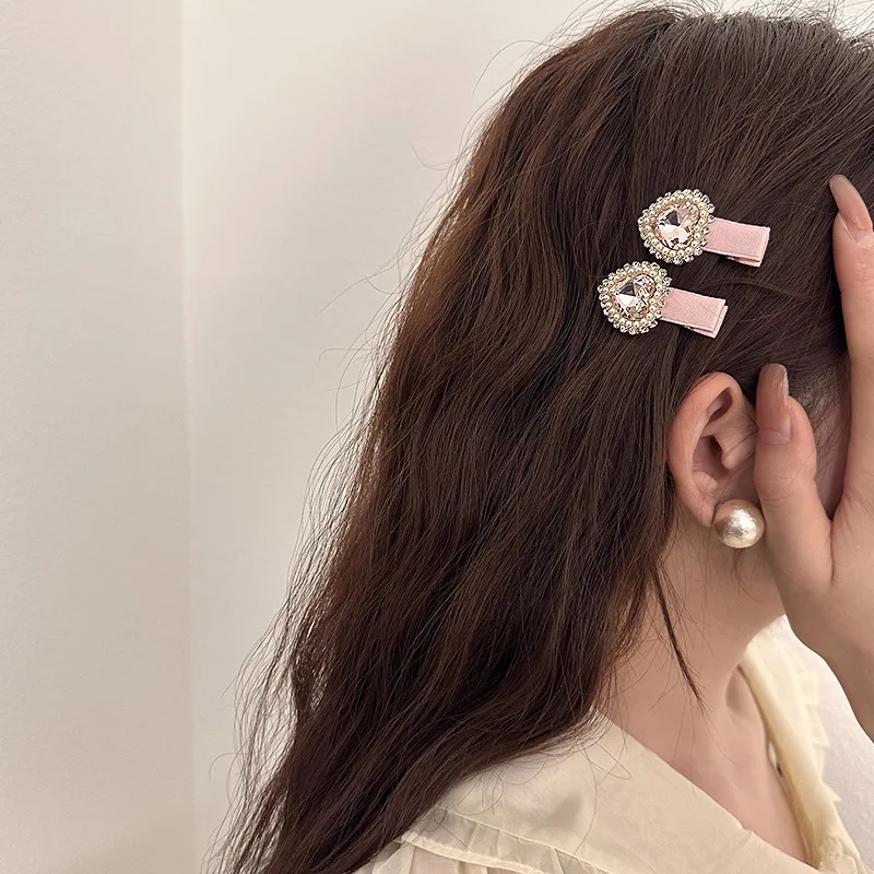 Korean Love Rhinestone Fabric Art Duck Mouth Clip Sweet and Versatile Side bangs Clip Hair Accessories Women's Pink Hair Clip