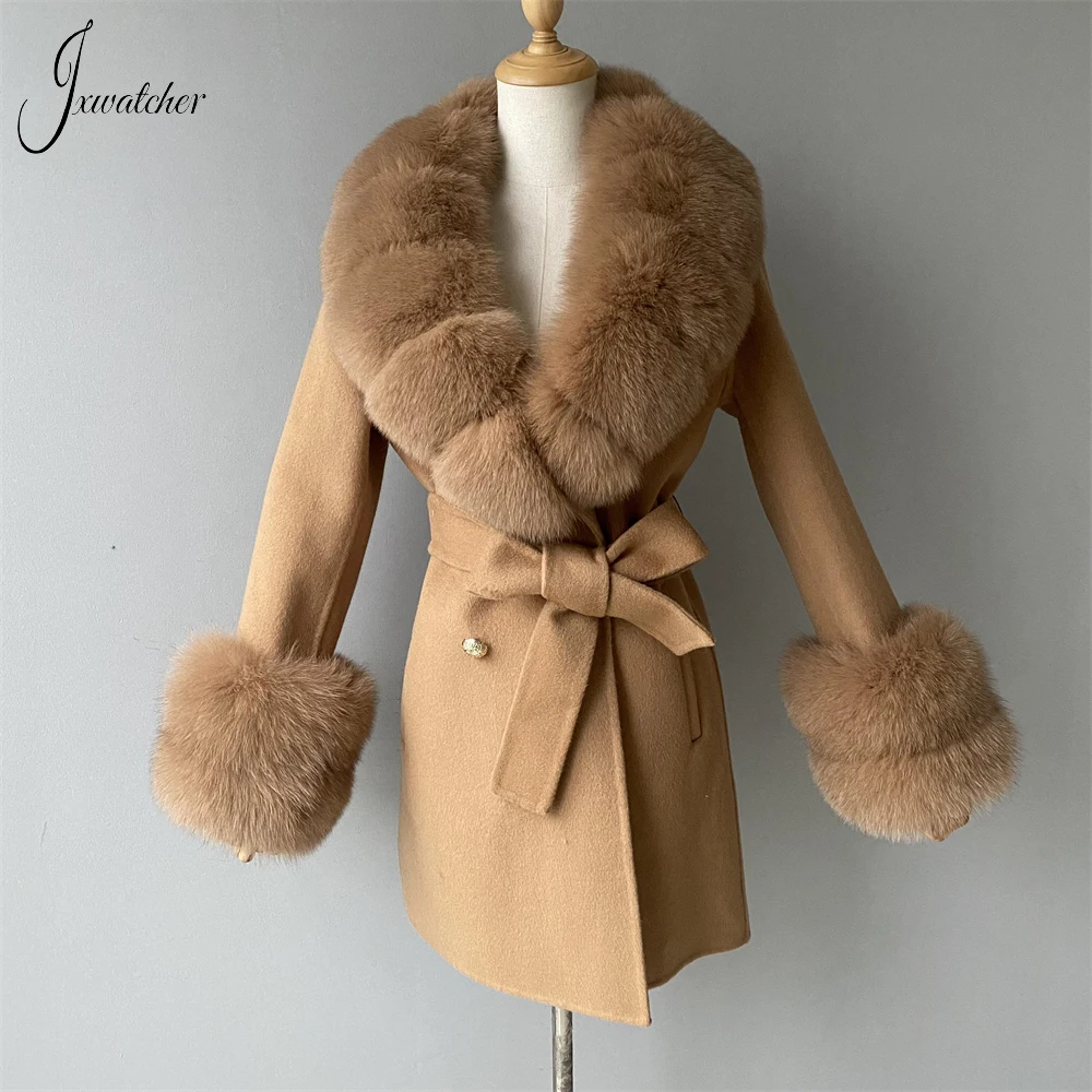 Jxwatcher-abrigos de Cachemira con cuello de piel de zorro Real para mujer, chaqueta de lana de longitud media, abrigo elegante con cinturón de