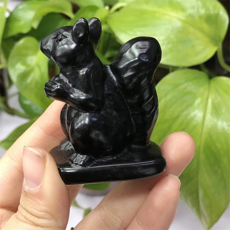 Natural Black Obsidian Squirrel Carving Model Crafts Fashion Home Decoration Healing Fengshui Gift 1pcs