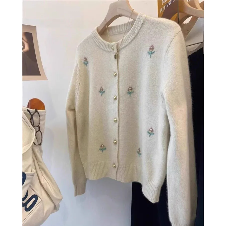 Korean Ladies Round Neck Knitted Cardigan 2026 Femme Long Sleeves Embroidery Sweater Coat Autumn Women Fashion Knit Jacket Tops