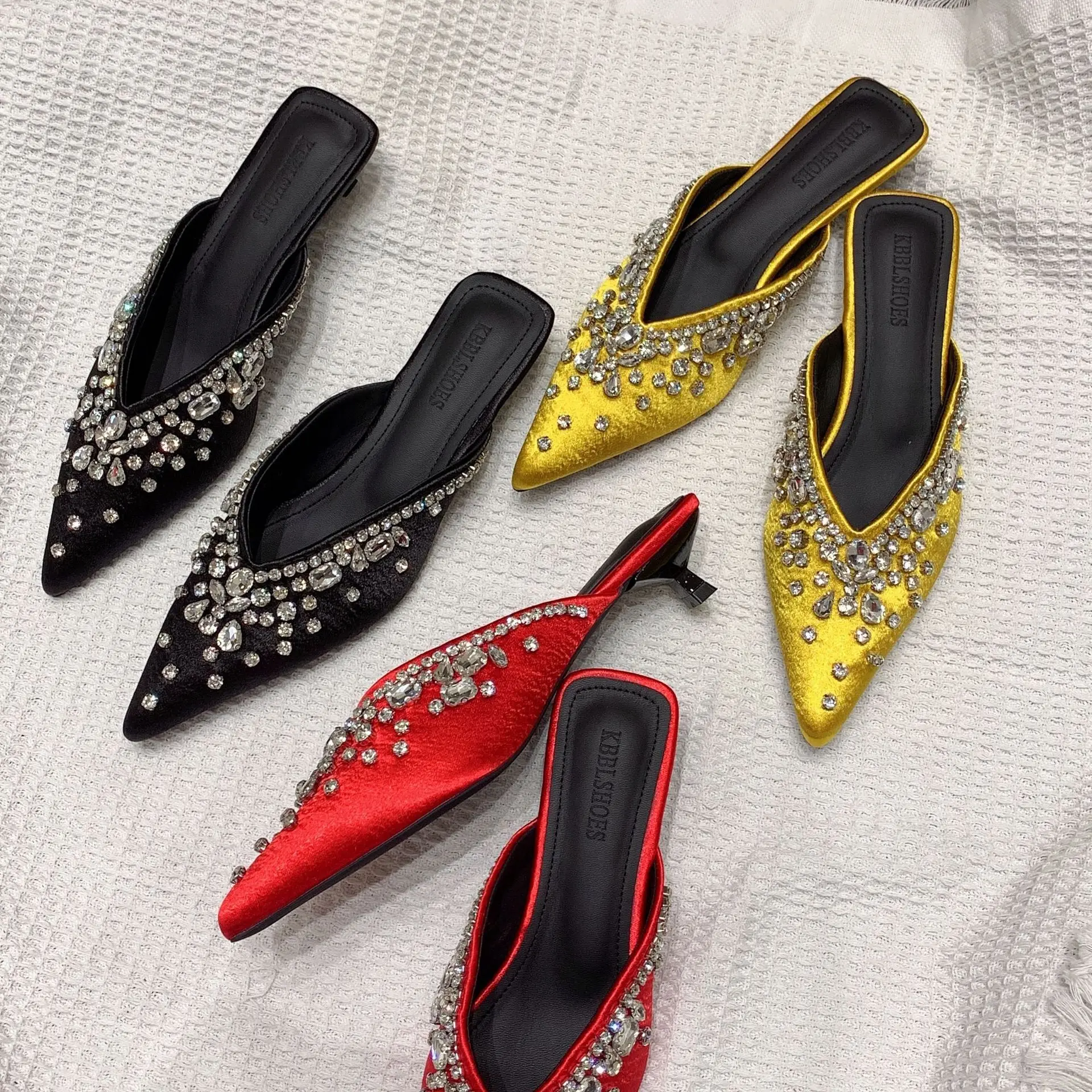 2026 New Women's Fashion High Heel Mules Half Slippers Diamond Flower Decorated Pointed Toe Flat Bottom Slip-On Shoes