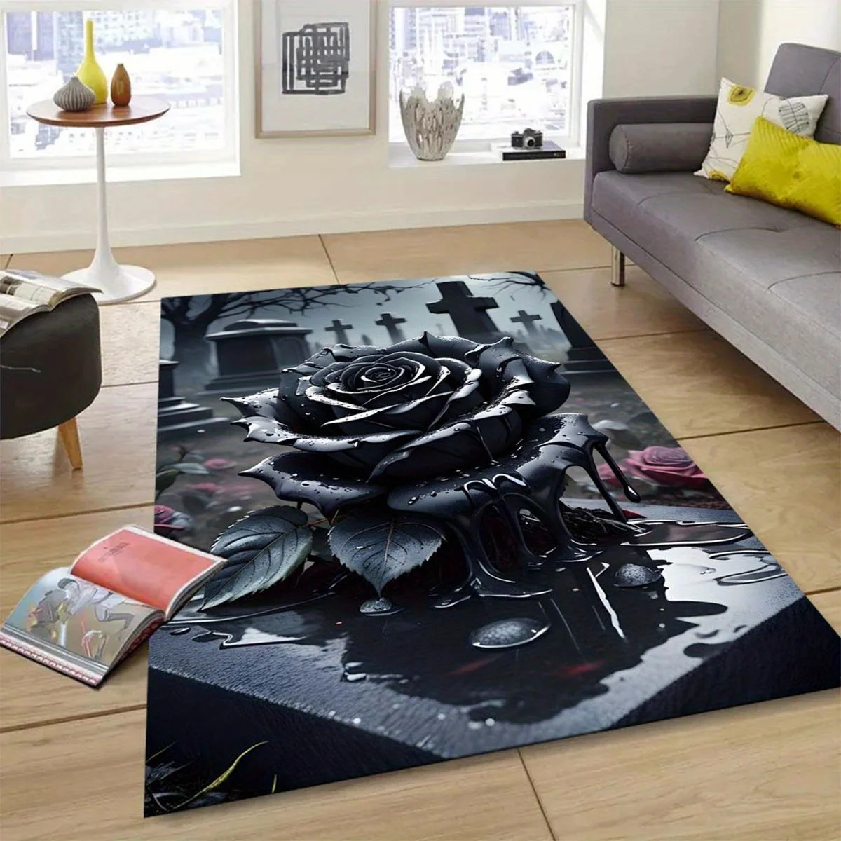 1pc Gothic Cemetery Rose Area Rug, Non-Slip, Black Roses & Tomb Illustrations Pattern, Perfect Decor for Living Room