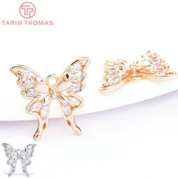 (6571) 4PCS 16x15.5MM 24K Gold Color Brass with Zircon Butterfly Charms Pendants High Quality Jewelry Making Findings Wholesale