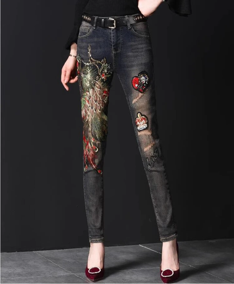 

new autumn winter fashion casual plus size cotton embroidery brand female women girls mid waist streetwear pencil jeans