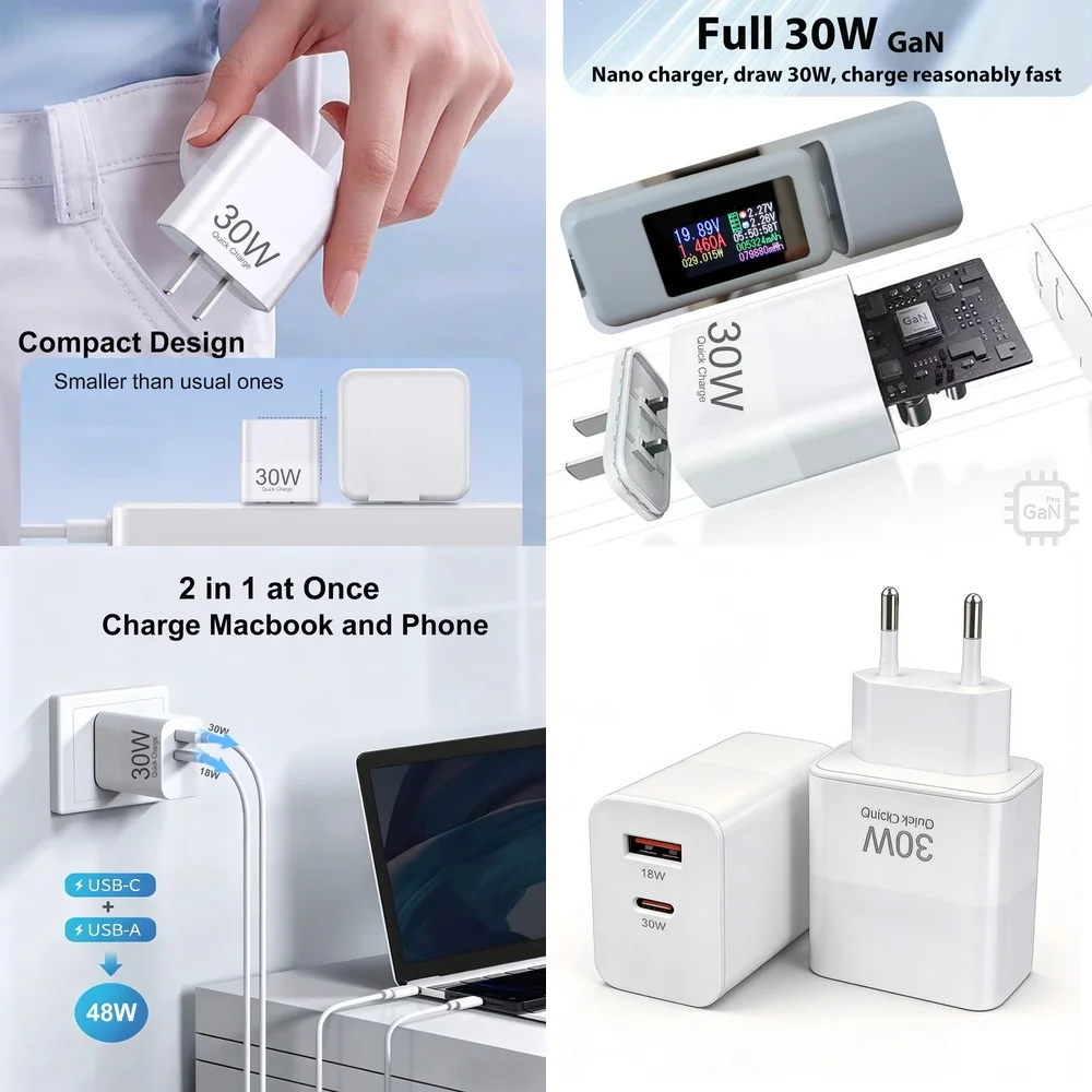 30W USB C PD Charger Fast Charging Dual Port Wall Adapter Type C USB A QC Quick Charge for iPhone 17 16 15 iPad Samsung Xiaomi