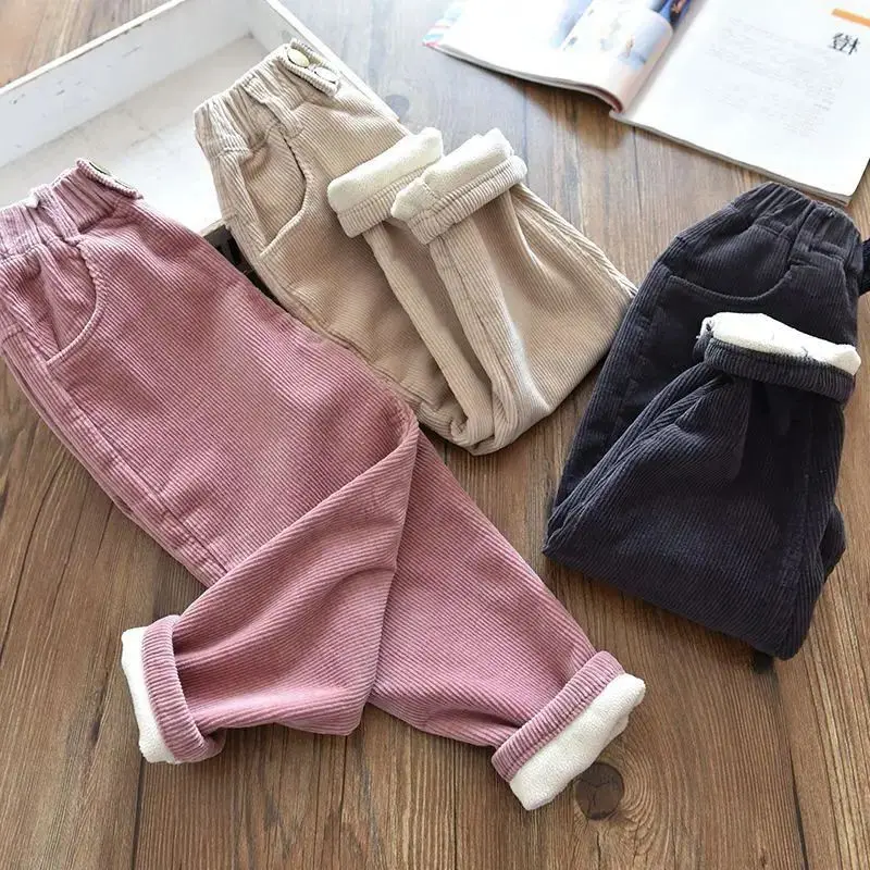 Autumn Winter Baby Girl Corduroy Pants 2024 Retro Casual Solid Trousers Thicken Warm Outdoor Wear Children\'s Pants 2 3 5 6 Years