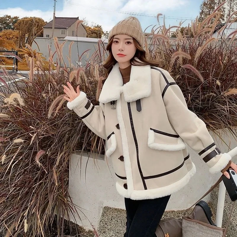 Granular Cashmere lamb Wool Splicing Fur Coat Female New Fall/Winter Loose Versatile Fur Coats Women Motorcycle Clothing Jacket