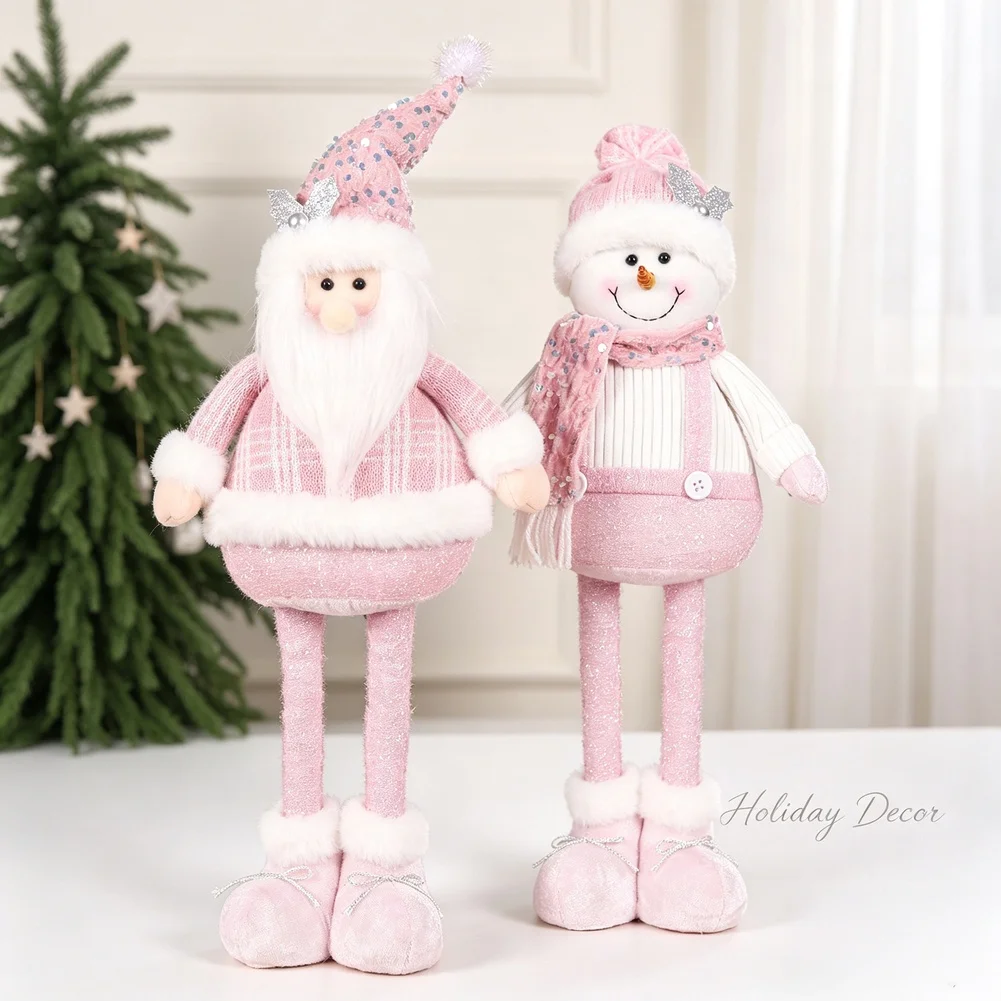 Pink Telescopic Snowman Plush Doll 57cm Stretchable Christmas Decoration With Kneeling Santa Style Soft Knitted Fabric Glitter F