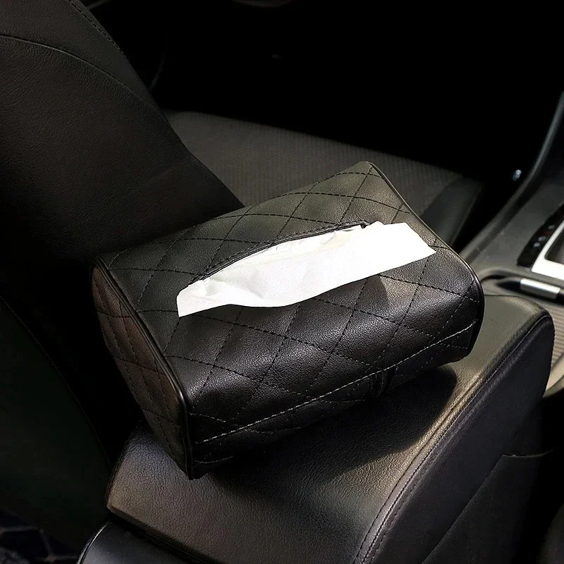SolidColor Checkered Leather Wear-resistantTissue Box Car Seat Backrest Sunshade Suspension Tissue Bag Buckle Strap Easy Install
