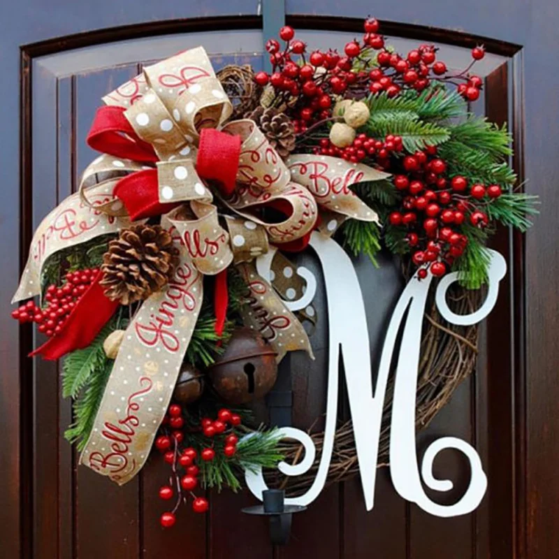 38cm Christmas Letter Wreath American Christmas Door Hanging Simulation Red Fruit Wreath Rattan Circle Decoration