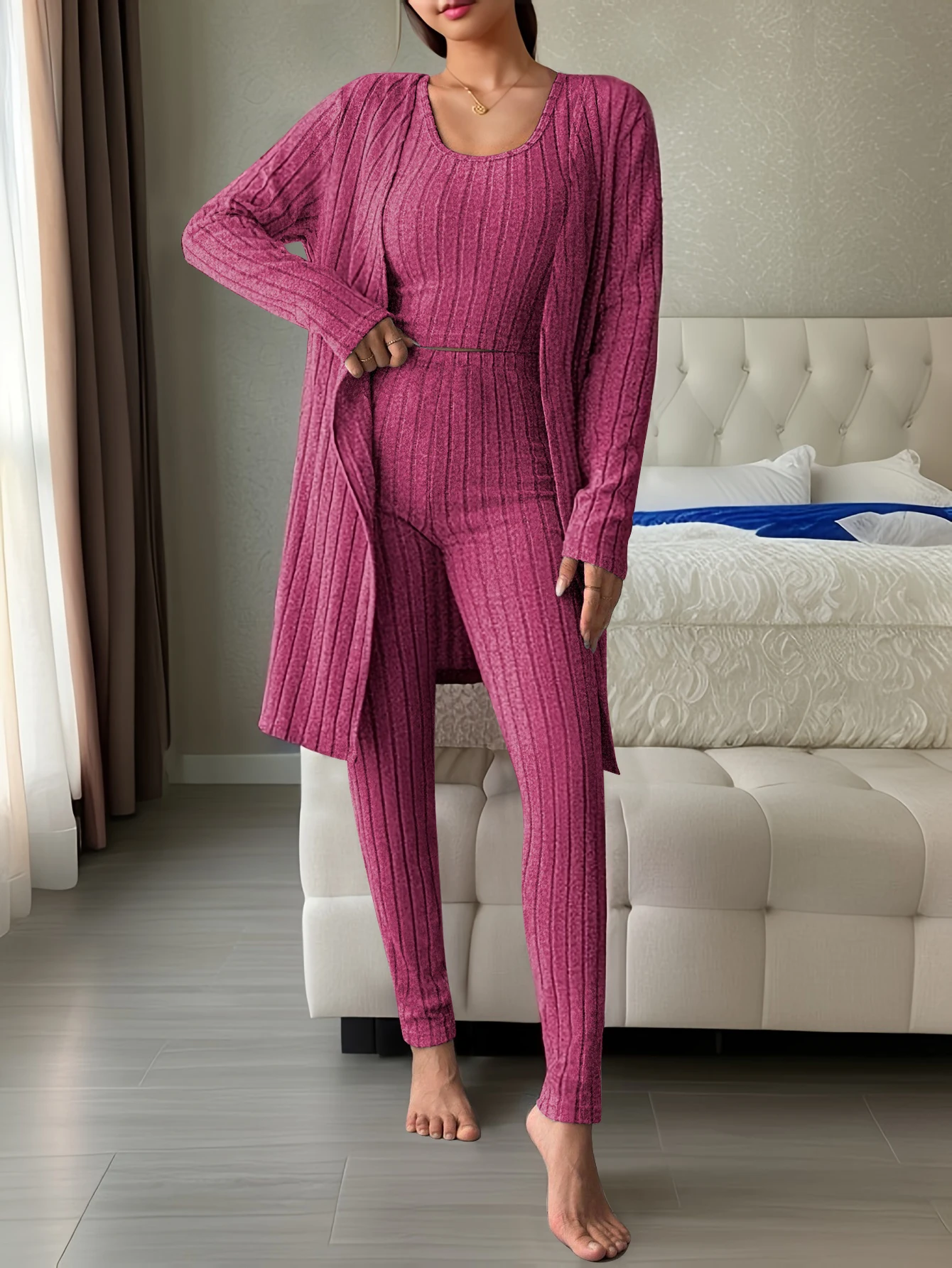 Women\'s casual vest long sleeve striped knitted cardigan slim slim trousers home three-piece set outside wear suit