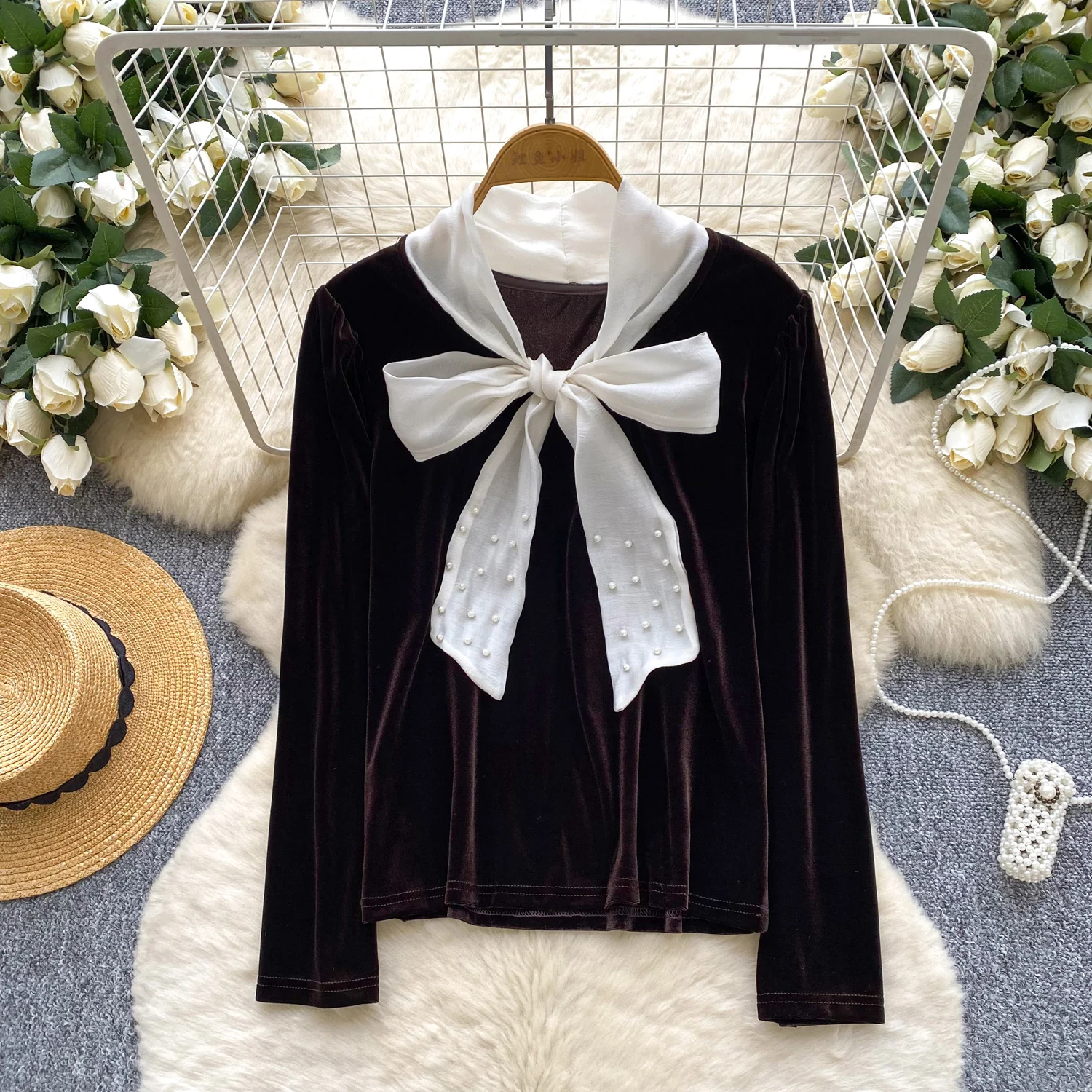 

Hotsweet Винтаж велюровая бабочка Элегантный шикарный тонкий топ с длинными рукавами Корейская уличная одежда High Street Осень