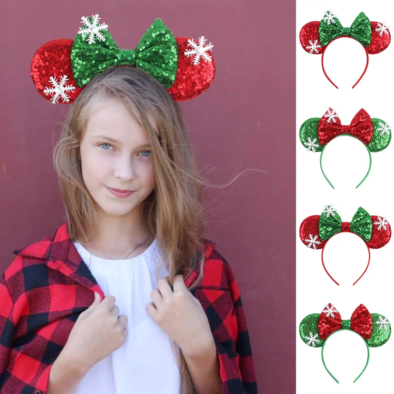 1pc クリスマスミッキーミニーマウス耳ヘアストラップスパークルボウクリスマスパーティーパーティーウェアギフト女性のヘアアクセサリー