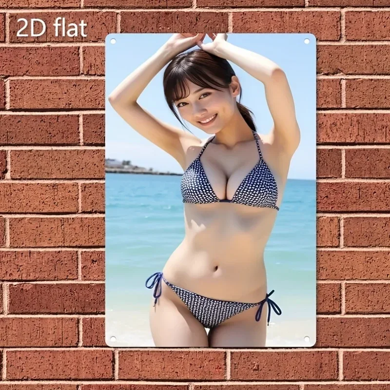 Vintage Bikini Beach Girl Metal Wall Art Sign - 2D Flat Blue & White Swimsuit Poster