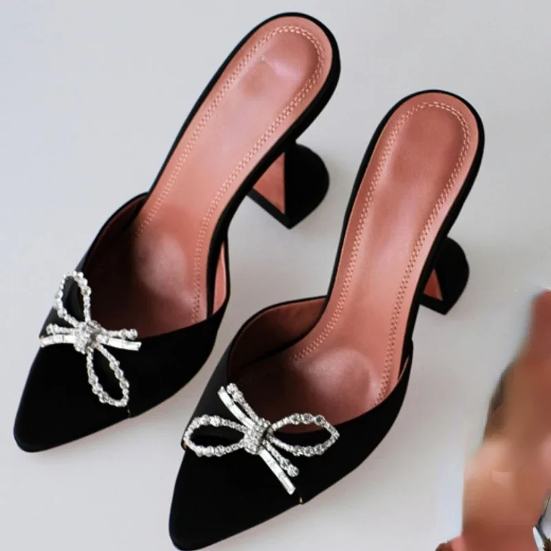 Bow Rhinestone Fish Mouth Open Toe High Heels Wine Cup Heel Mid Heel Sandal Slippers Women