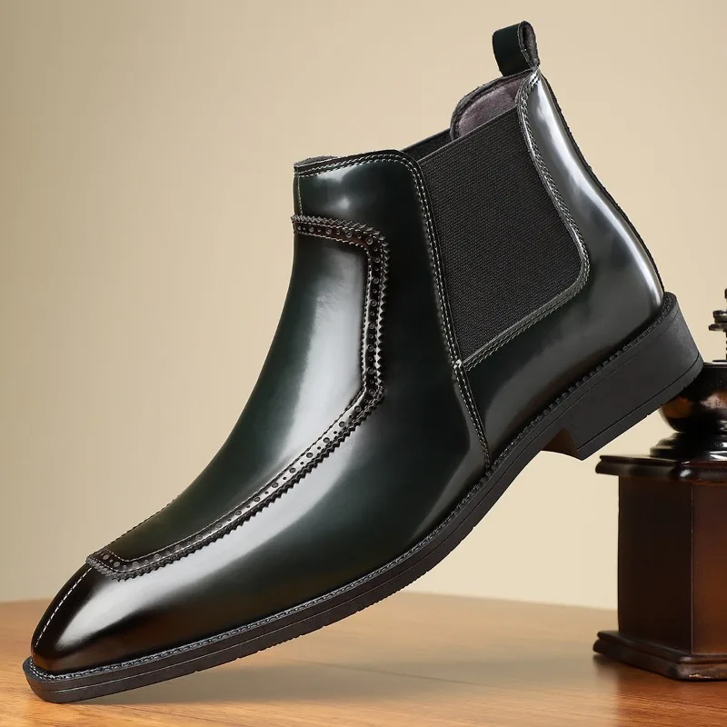 

Men's Leather Boots Classic Slip on Business Boots Quality Patent Leather Casual Ankle Boots Business Dress Booties Botas Hombre