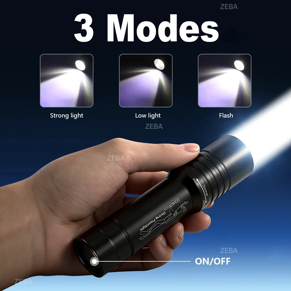 2000lm 3-mode waterproof led rechargeable flashlight IPX8 Waterproof 200m Diving Flashlight 2000LM High Power LED Torch USB  Rechargeable Underwater Light for Scuba Diving Snorkeling