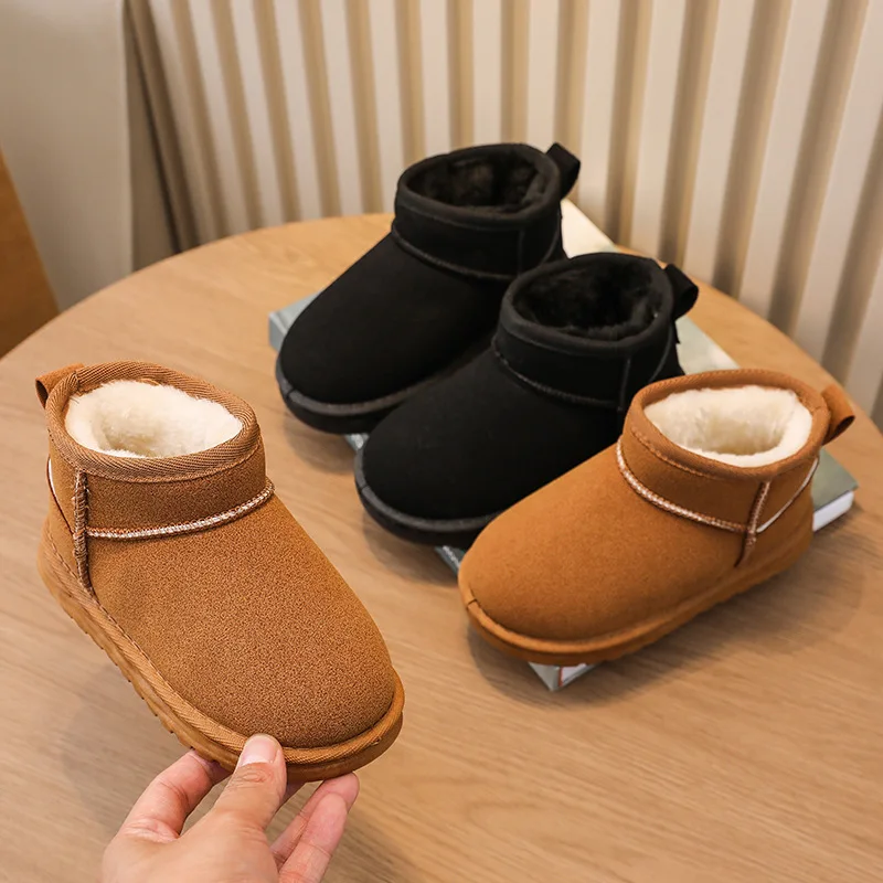 Children Winter Lightweight Fleece Suede Short Boots Girl Boy Non-Slip Warm Snow Boots Kids Outdoor Soft-Soled Casual High-Top