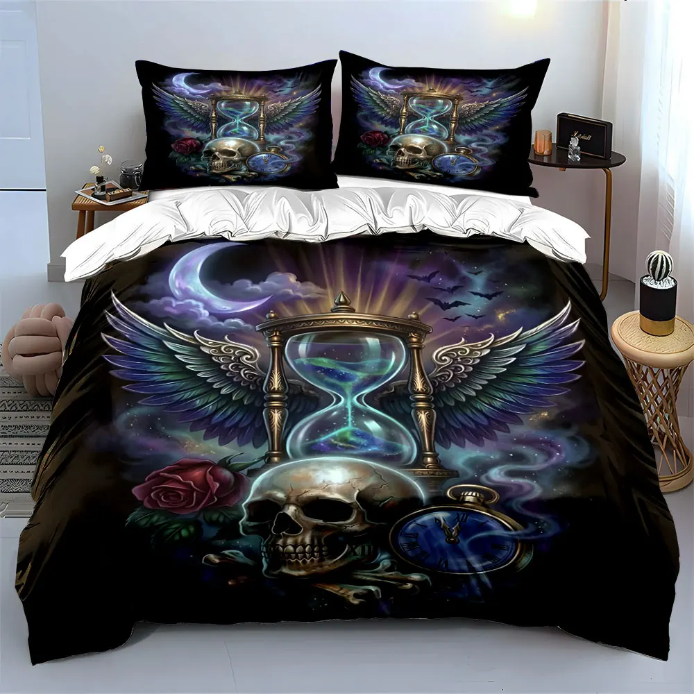 Vintage Skull Hourglass Duvet Cover Design Print Bedding Set 1 Duvet Cover 2 Pillowcases for Adult and Children Luxury Gift