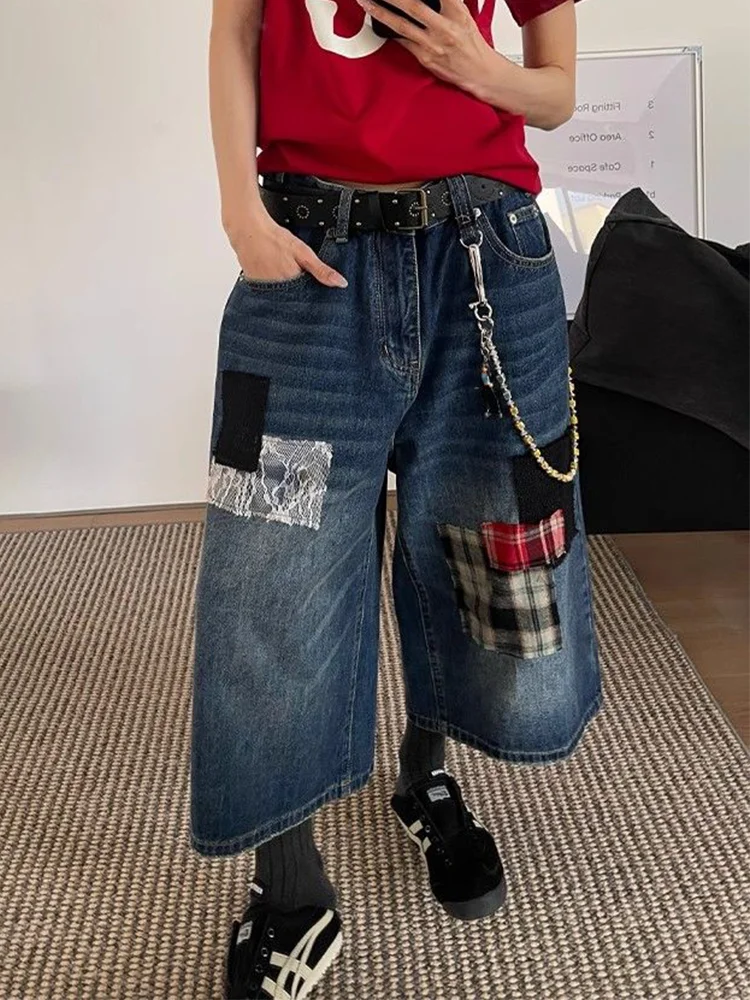 

High Waist Wide Leg Patchwork Denim Jeans Women Loose Straight Cut Seven Inch Pants American Retro Splicing Design Jeans