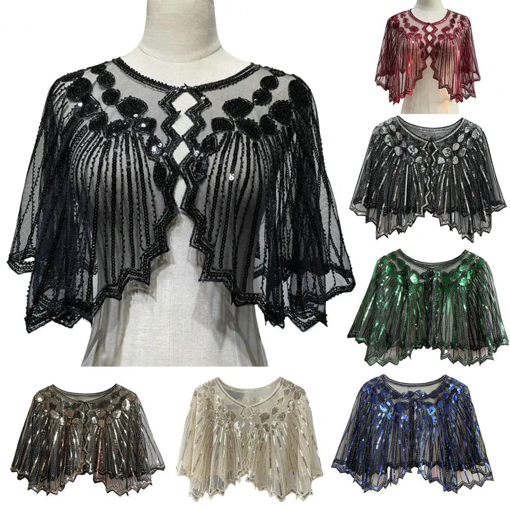 Vintage 1920s Flapper Shawl Sequin Beaded Short Cape Beaded Decoration Women Shawl Gatsby Party Mesh Short Cover Up Prom Shawl