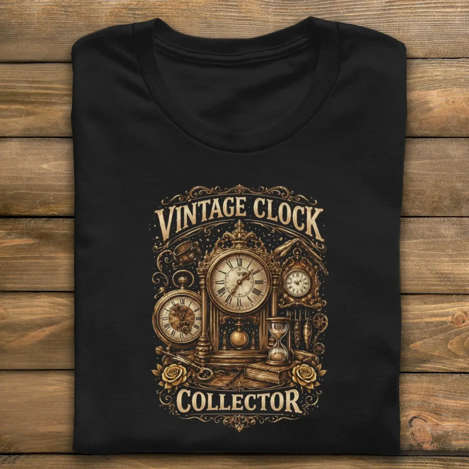 Clock Collector T Shirt Vintage Timepiece Design Steampunk Victorian Style Detailed Art Intellectual Theme Casual Wear vintage