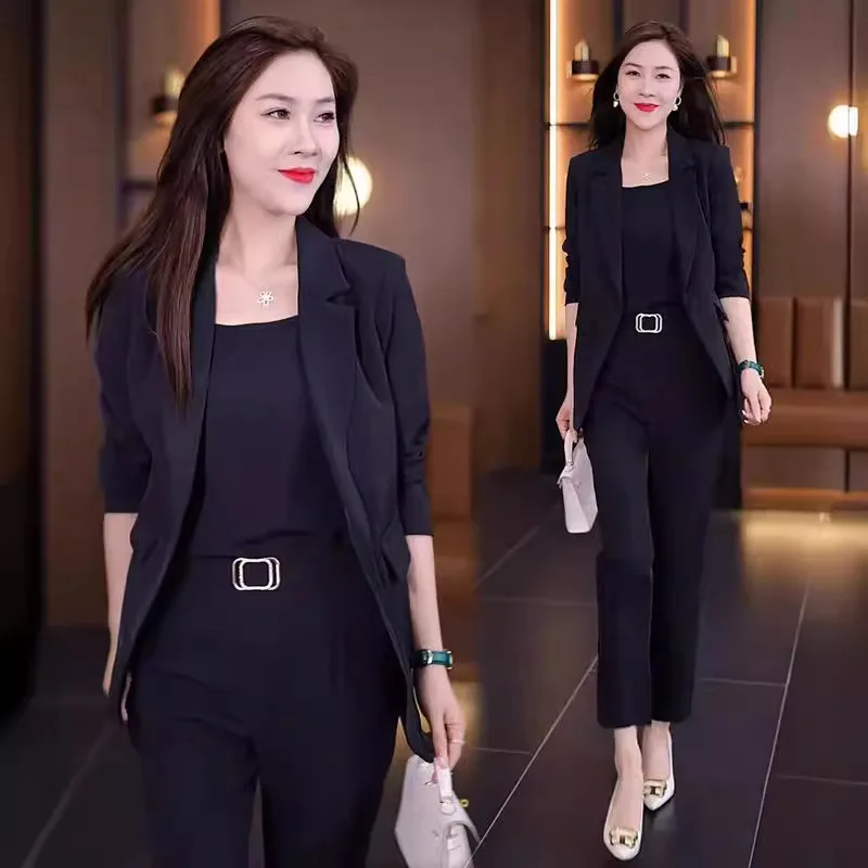 Conjunto blazer feminino de três peças, jaqueta fina casual, calça lápis, colete elegante de escritório, roupa de negócios, verão