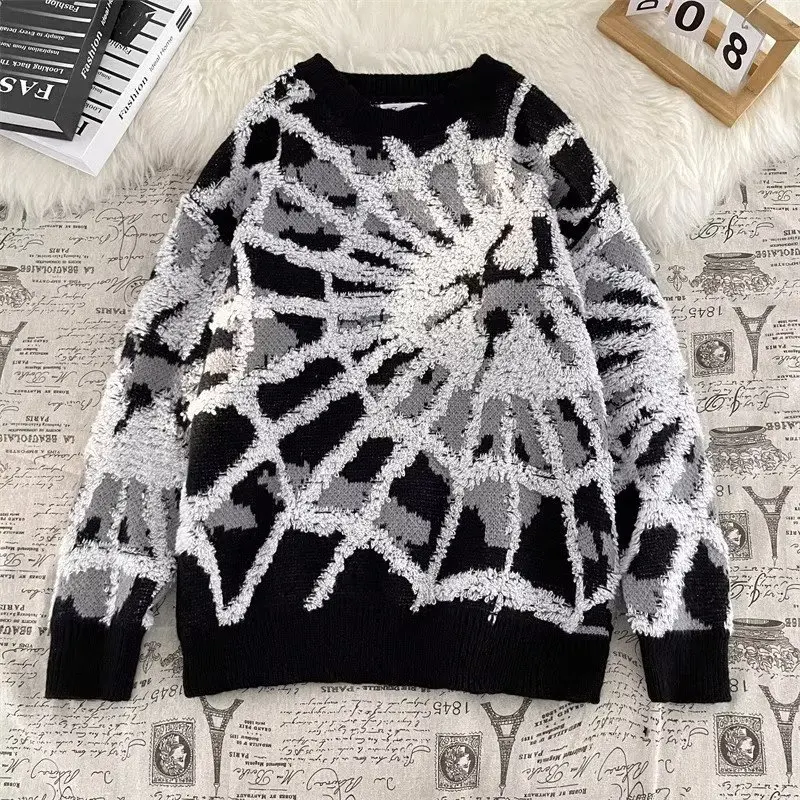 

Loose Fit Spider Web Knit Sweater Large Size round Ne Men's Faionable Casual Winter Top Diamond Pattern Boy's Sle