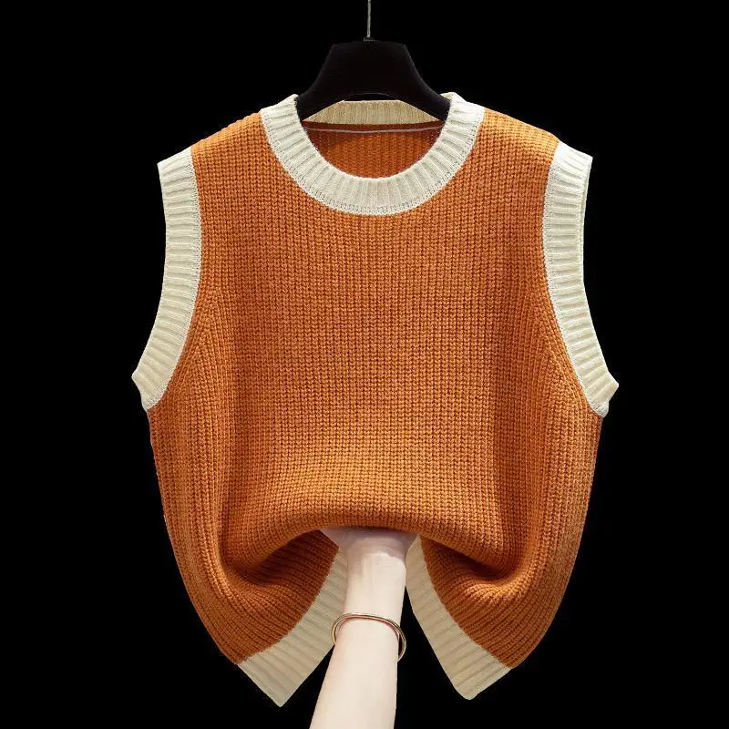 Round Neck Knitted Vest Women\'s 2024 Spring and Autumn New Loose Outer Wear Tank Top Color-blocked Layered Sweater Top