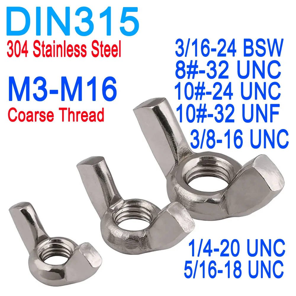 

8#-1/2'' UNC UNF BSW M3 to M16 Coarse Thread SUS304(A2)/SUS316(A4) Stainless Steel Butterfly Wing Nuts DIN315
