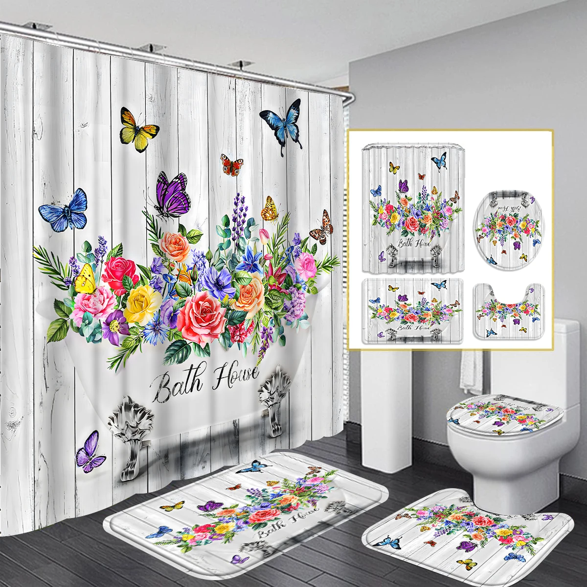 1/4PC flower butterfly simple pattern waterproof shower curtain or waterproof anti-slip shower curtain set, 12 free hooks