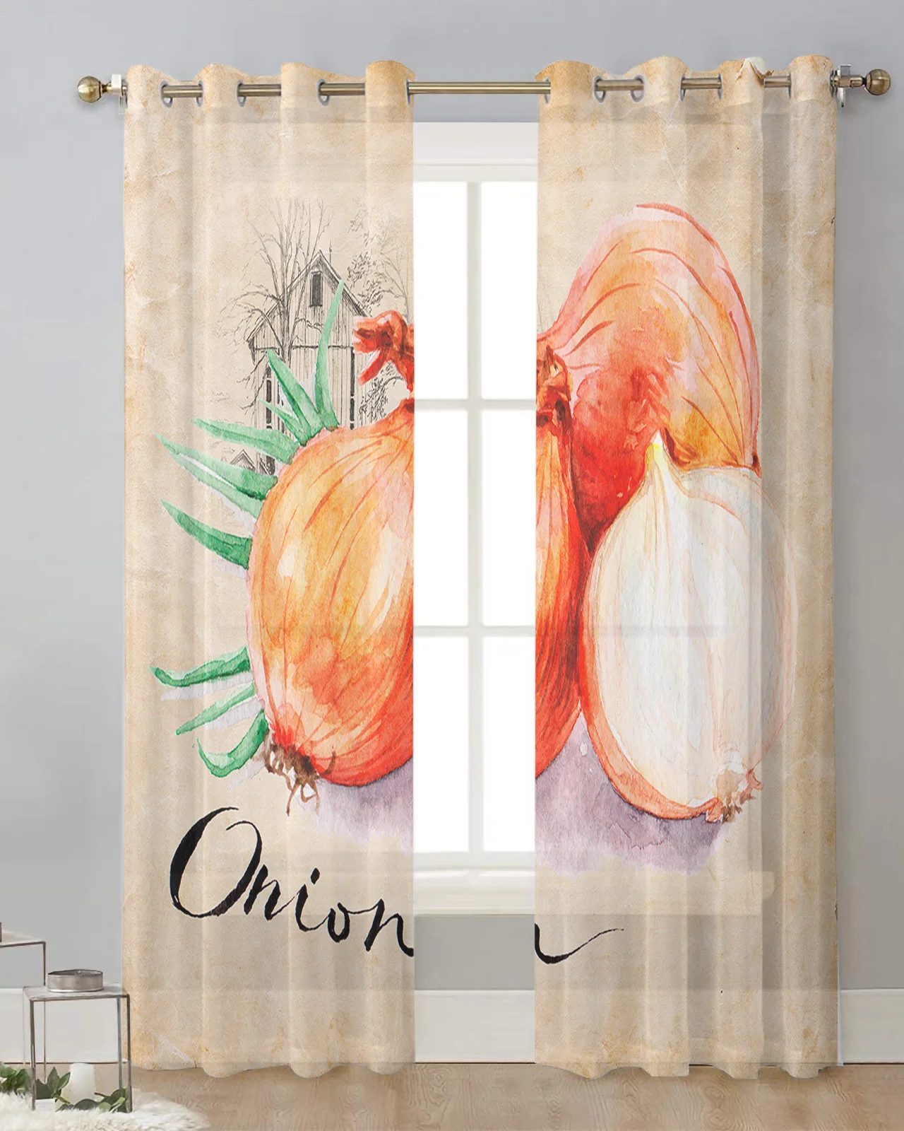 Vintage Kraft Farm Onions Voile Hanging Curtain Living Room Sheer Curtain Home Decor Chiffon Drapes Gauze Window Panels