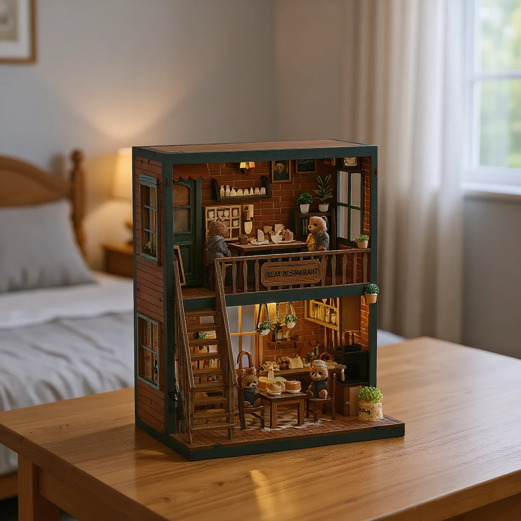 لتقوم بها بنفسك دمية خشبية لطيف الدب مطعم نموذج مصغر مع مجموعة الأثاث ثلاثية الأبعاد تجميع لعبة للأطفال الكبار هدية كازا #3
