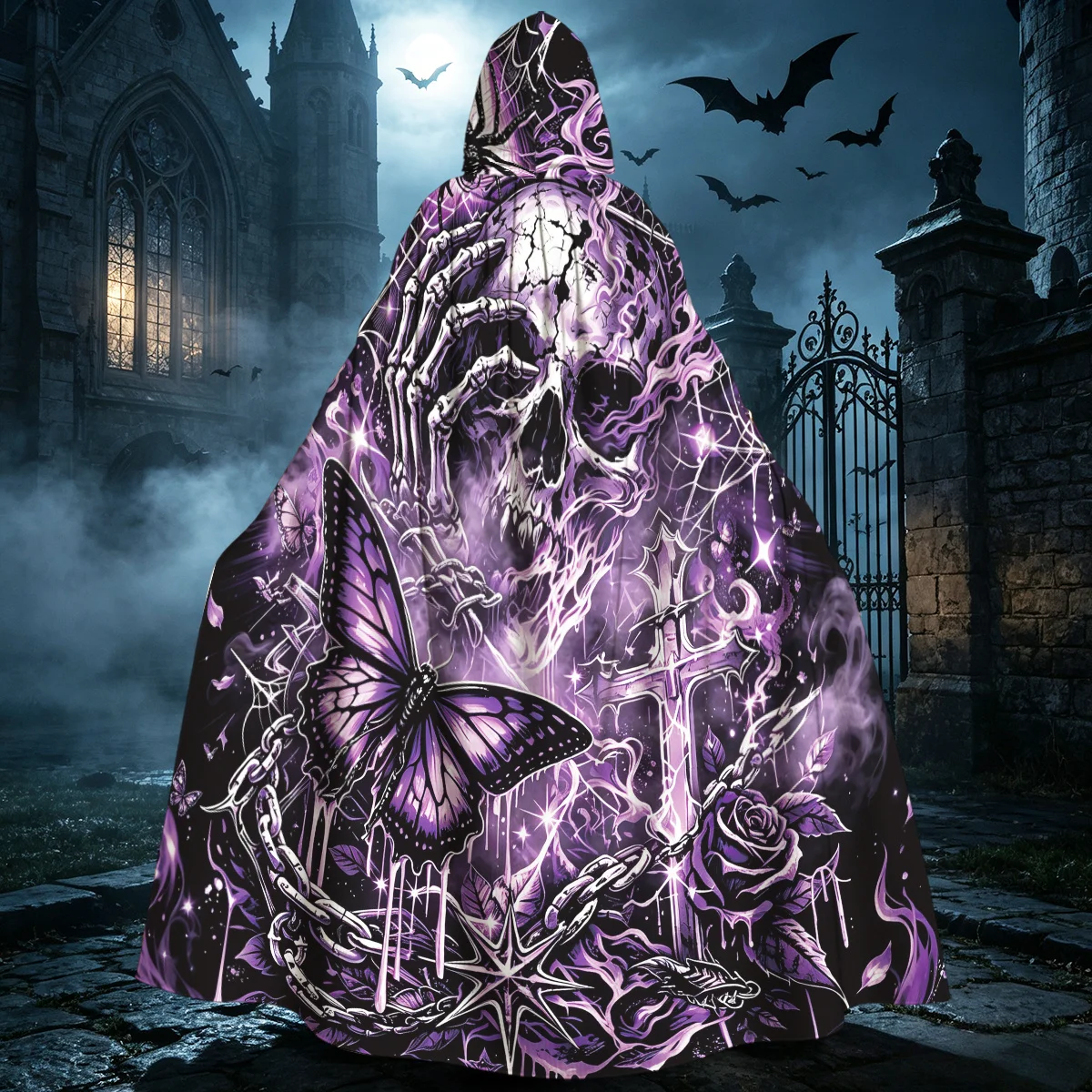 1pc Gothic Hooded Cloak Cape with Purple Smoke Skull & Spider Web Dark Graffiti Print - Medieval Witch Wizard Robe for Cosplay