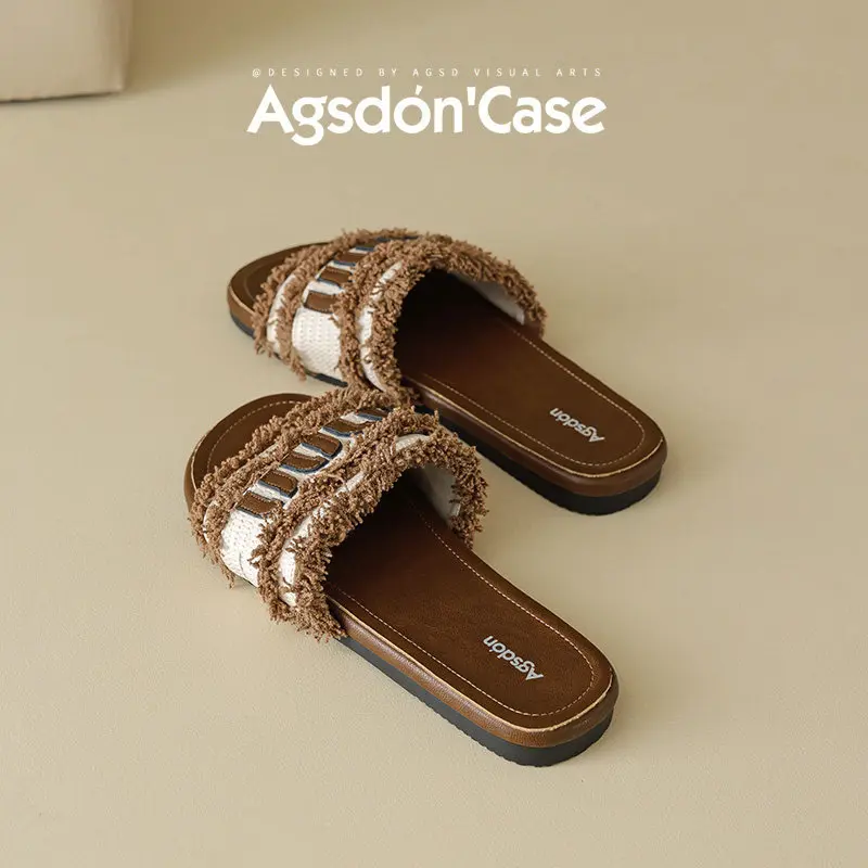 Women's Frayed Edge Fringe Flat Slide Sandals Color Block Versatile Casual Summer Beach Dress Shoes Plus Size