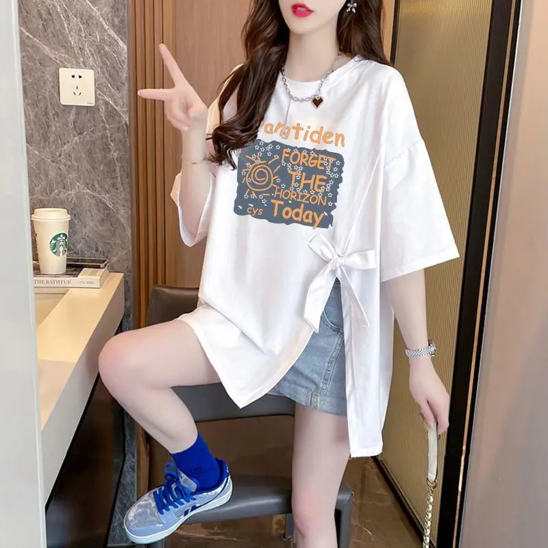 Street Casual Bow Patchwork T Shirts Short Sleeve Letter Printing Loose Solid Tops Harajuku Fashion Women Clothing Summer New