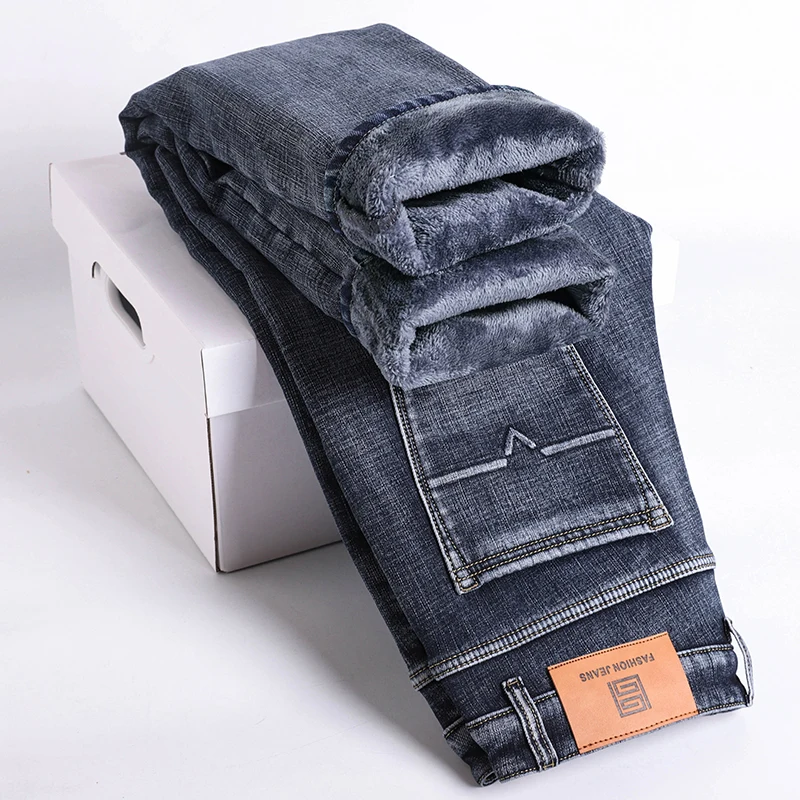 Retro Winter New Fleece Slim Stretch Jeans Fashion Warm Straight Casual Plush Thick Velvet Male Brand Denim Trousers