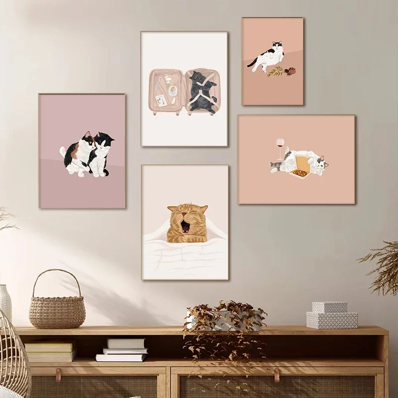 Minimalist Scandinavian Wall Art Cats Drinking Pizza Vintage Canvas Poster High Definition Bedroom Living Room Decor