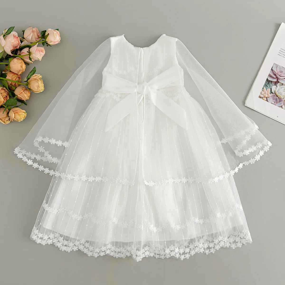 HETISO New Baby Wedding Dress Lace Cape Baby Christening Gown Ivory Infant Girls Communion First Birthday Party Clothes 0-2T