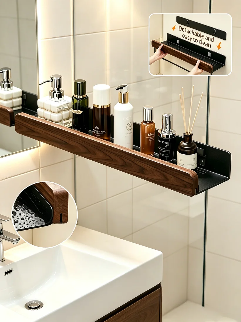 Bathroom Storage Organizer Rack, Punch-Free Wall Mounted Upgraded Removable Walnut Wood Bathroom Shelf