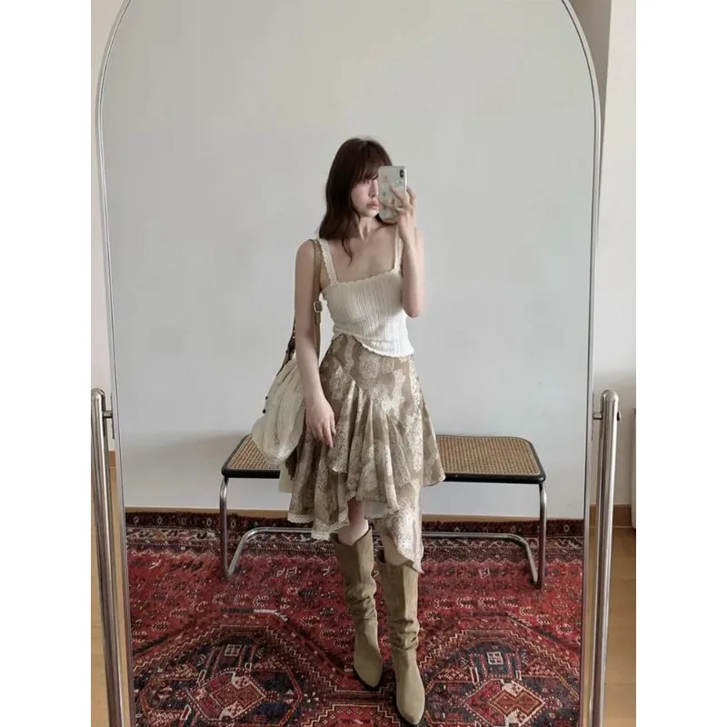 American Retro Lace Print Skirt Women Irregular Ruffle Hem Midi Skirt Casual Bohemian Bot