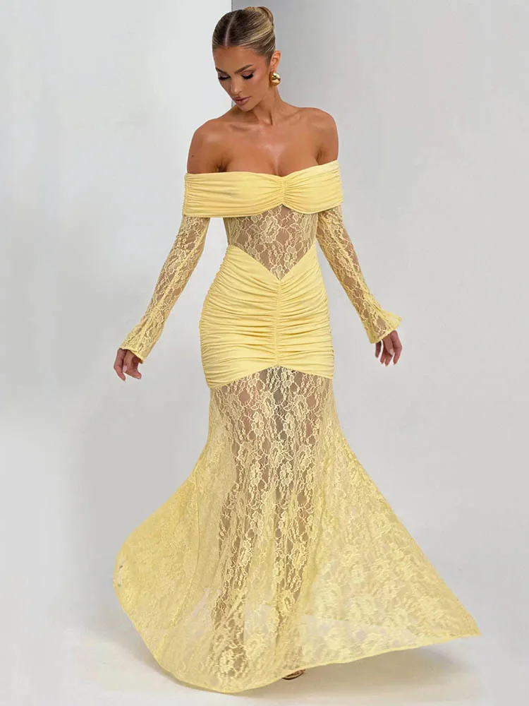 Articat elegante manga longa malha renda retalhos bodycon vestido feminino sexy fora do ombro sheer festa clube formal vestido de noite