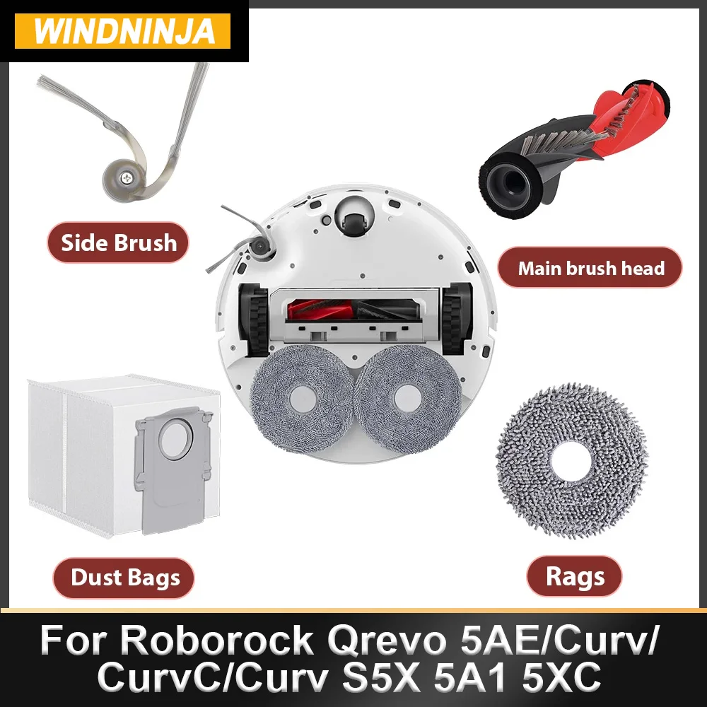Accesorios para Roborock Qrevo 5AE/Curv/CurvC/Curv S5X 5A1 5XC/Edge/EdgeC/Edge S5A 5V1: Cepillo Principal, Cepillo Lateral, Filtro, Mopa y Bolsa de Recogida de Polvo