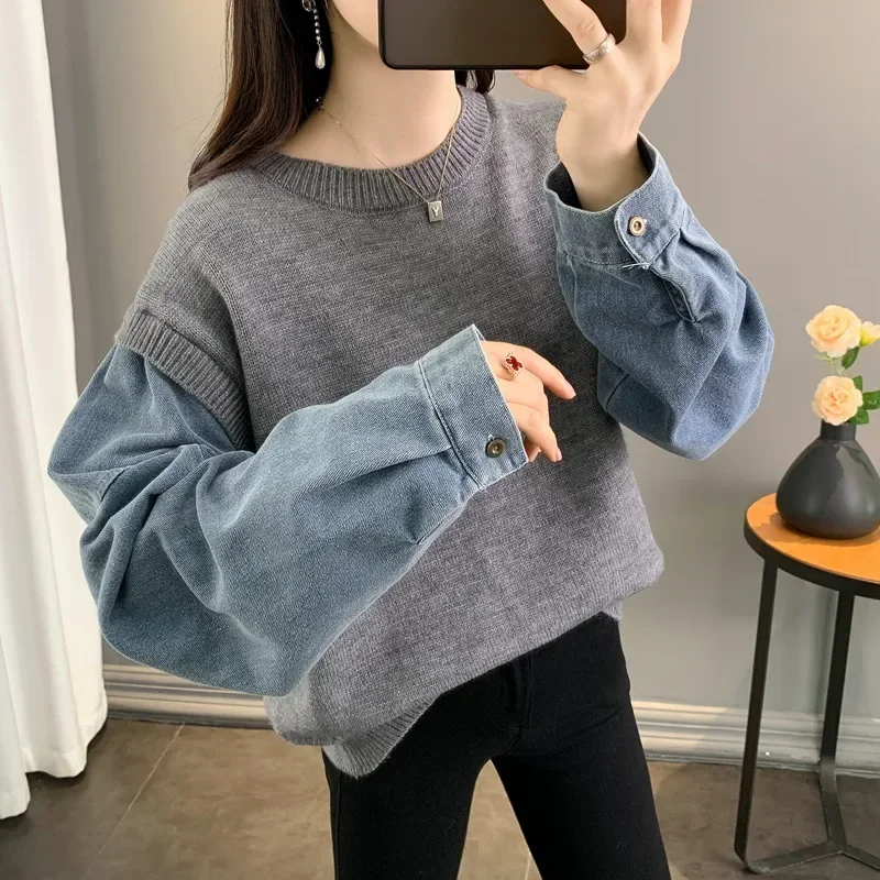 Women Casual Trendy Daily Knitwear O-Neck Patchwork All-match Fashionable Streetwear No Hat Hoodies Sweatshirts Indie Chic