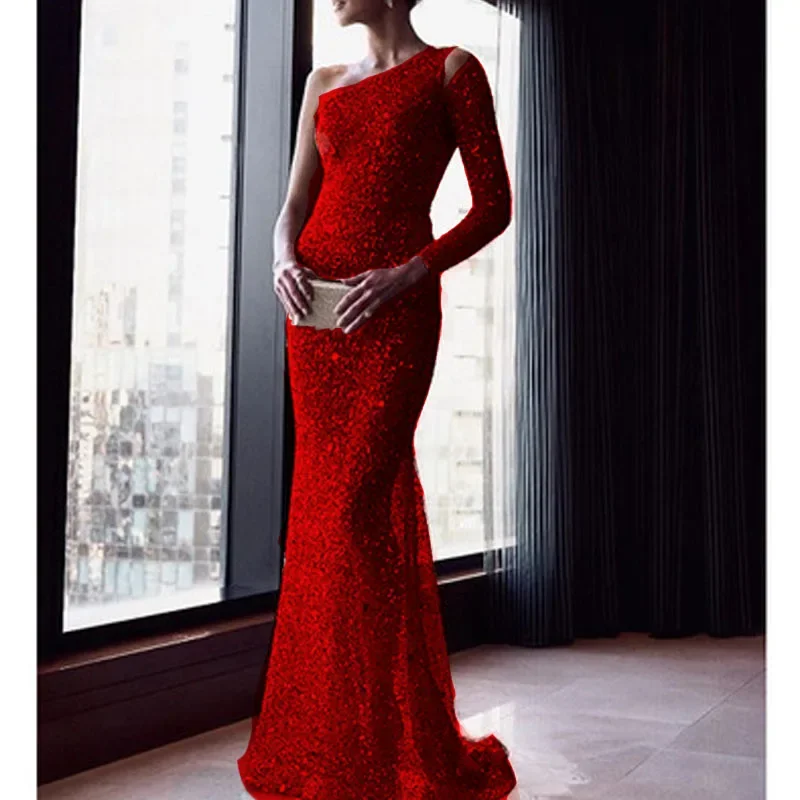 

2025 Autumn Winter New Women's Wear Popular One Shoulder Long Shine Maxi Party Dresses Mujer Vestido Plus Size 3XS-10XL 9XL 8XL