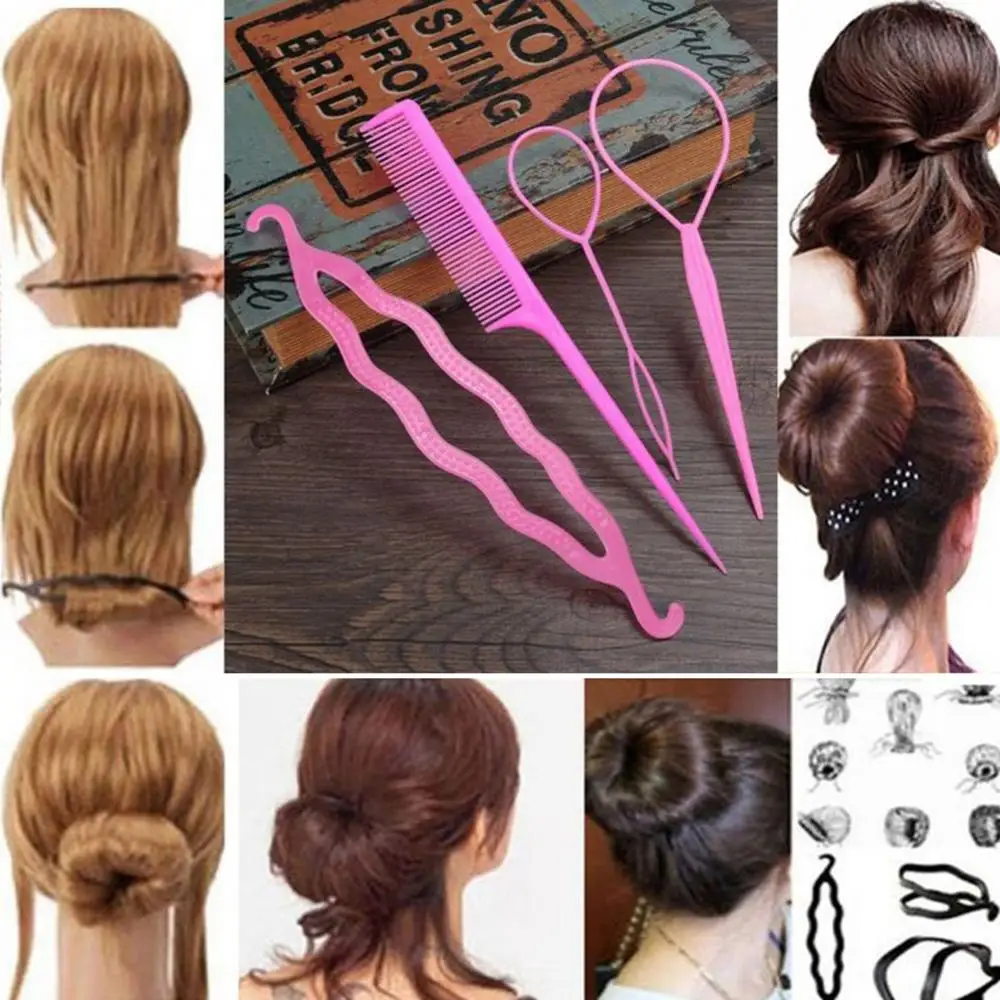 4Pcs Women Braiding Comb Topsy Tail Hair Loop DIY Bun Donut Maker Styling Tools