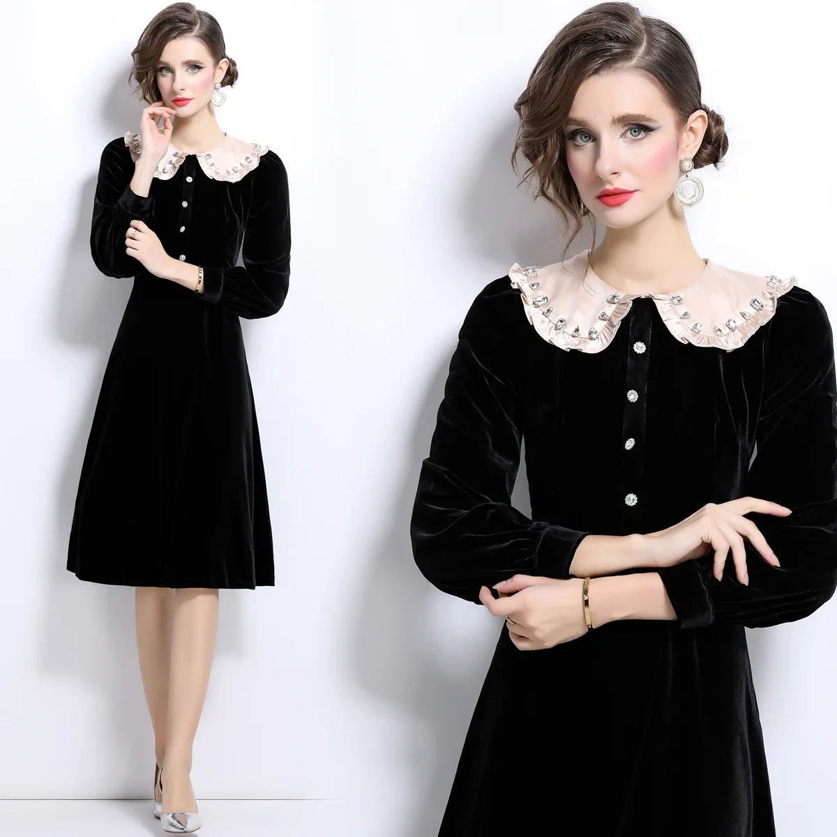 European and American French retro waist cinching slimming velvet mid length dress black dress office lady skirt women