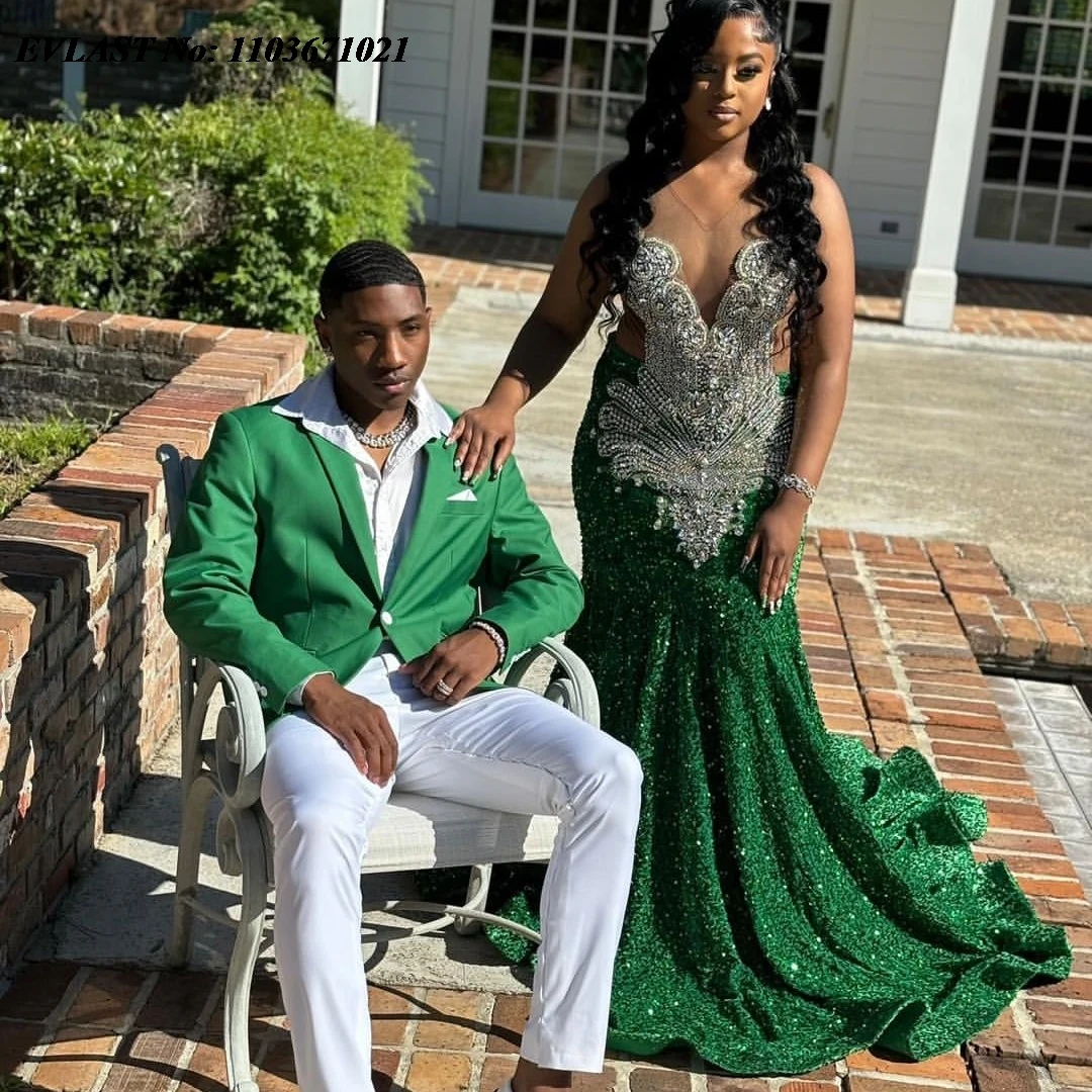 EVLAST Emerald Green Sequins Mermaid Prom Dress For Black Girls Silver Diamonds Beaded Formal Party Gown Vestidos De Fiesta P102