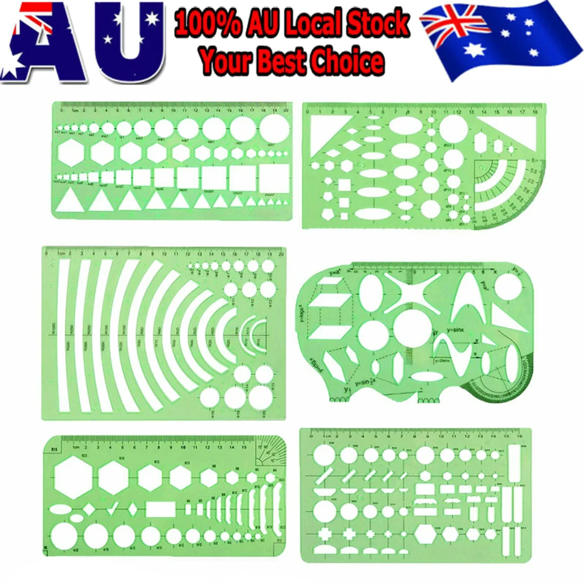 مجموعة مسطرة رسم هندسية خضراء شفافة مكونة من 6 قطع قالب شفاف لاستخدام مكتب المدرسة والهندسة المعمارية #6