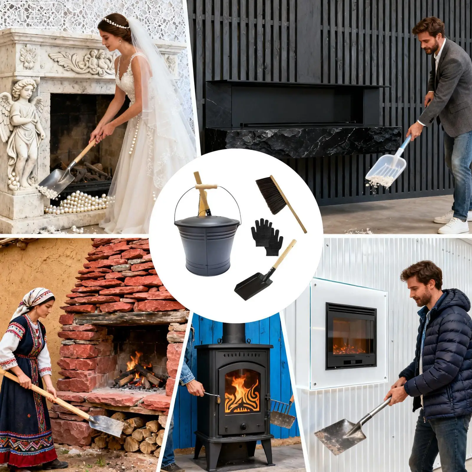 دلو الرماد للمدفأة ملحقات موقد الخشب المحمولة حاوية رماد كبيرة مع مجموعة أدوات الموقد لموقد حفرة النار #4